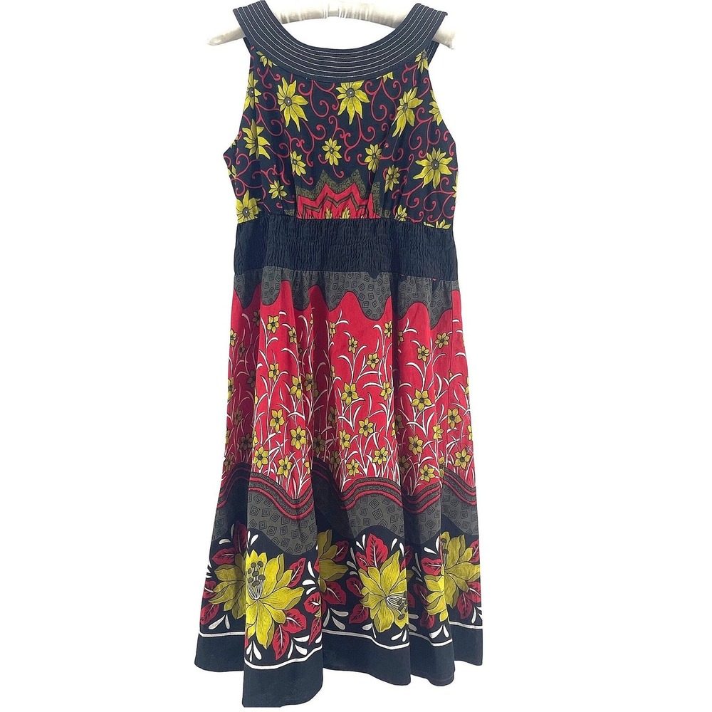 Y2K Floral Spring Wedding Guest Dress Women M Red Midi Cotton Smocked Boho Artsy